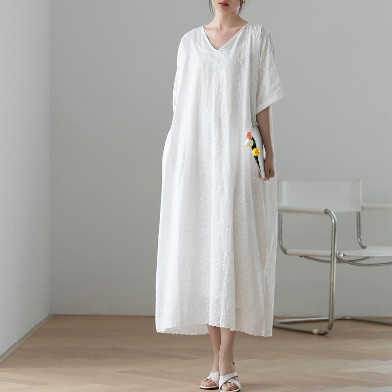 

French Pure Cotton Embroidered Two-Piece White Robe Dress - Summer Slim & Loose Cover-Up L