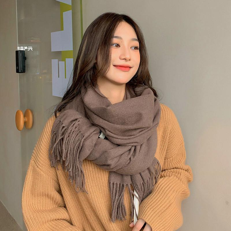 Solid Color Wool Scarf for Women Autumn and Winter Tassel Air Conditioned Room Shawl Green Red Winter Men's Cashmere Scarf