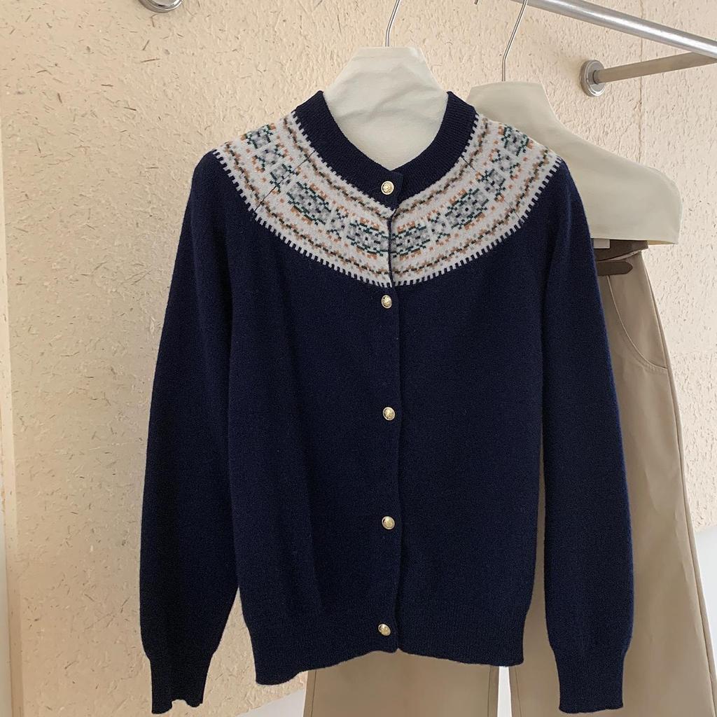 Women's Retro Color Block 100% Wool Cardigan - Round Neck Knit Jacquard Sweater for Autumn & Winter