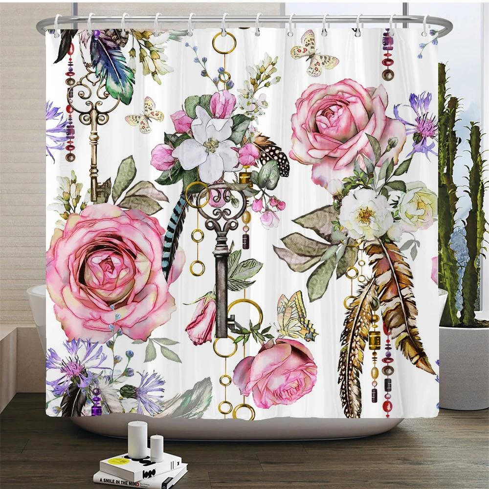 Elegant Flowers Shower Curtain 180x180cm Floral Printed Shower Curtain Polyester Bath Curtain Bathroom Decor Washable With Hooks
