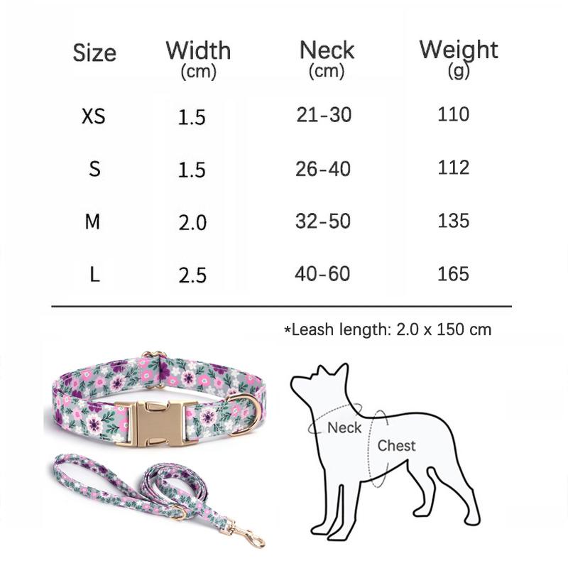Floral Print Dog Collar and Leash Set Adjustable Soft Nylon Pet Collar with Metal Buckle Dog Lead for Daily Walking Training
