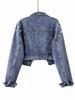 Women's Light Blue Rhinestone Beaded Denim Jacket - Petite, Short, Spring/Autumn 2025
