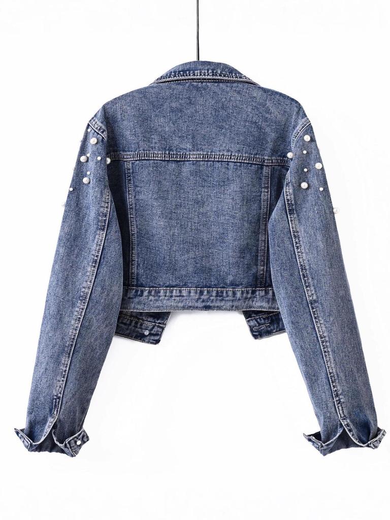 Women's Light Blue Rhinestone Beaded Denim Jacket - Petite, Short, Spring/Autumn 2025