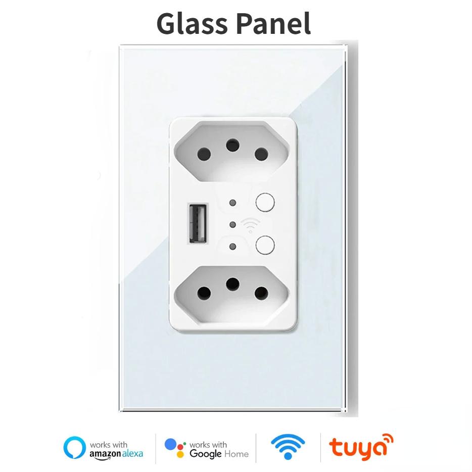Melery Brasil WiFi Smart Stikkontakt USB Tuya Elektrisk Plugg Uttak PC/Glasspanel Alexa Google Home, Hjemmeautomasjon