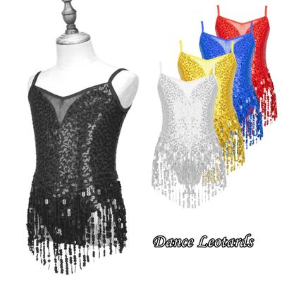 Çocuk Kız Latin Dansı Parlak Payet Örgü Patchwork Püskül Etek Mayoları Paten