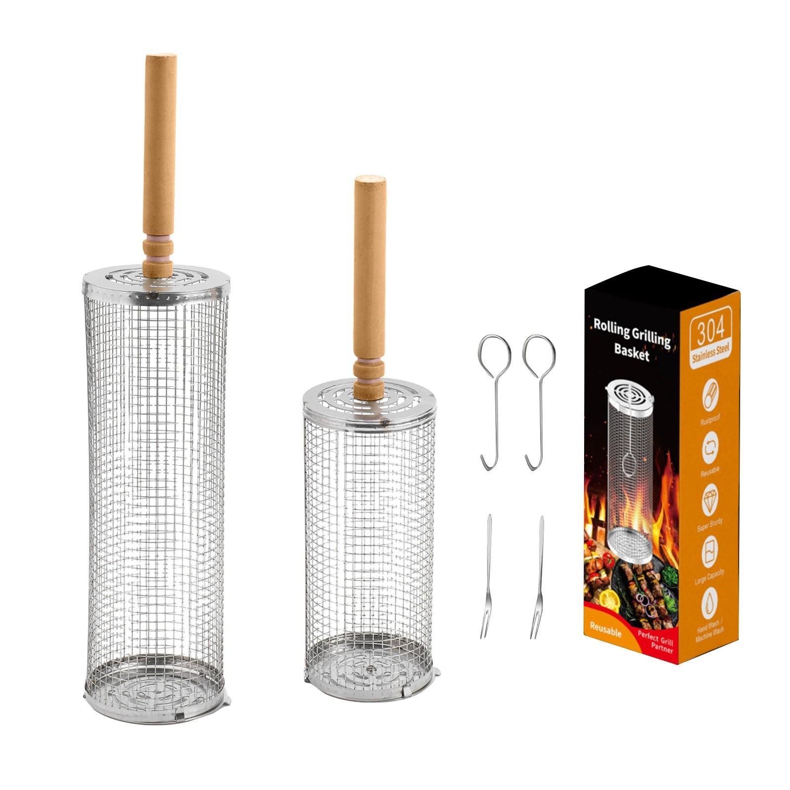 

Роликовая клетка для барбекю, корзина для гриля для барбекю на открытом воздухе, клетка для барбекю из нержавеющей стали 304 серебряный