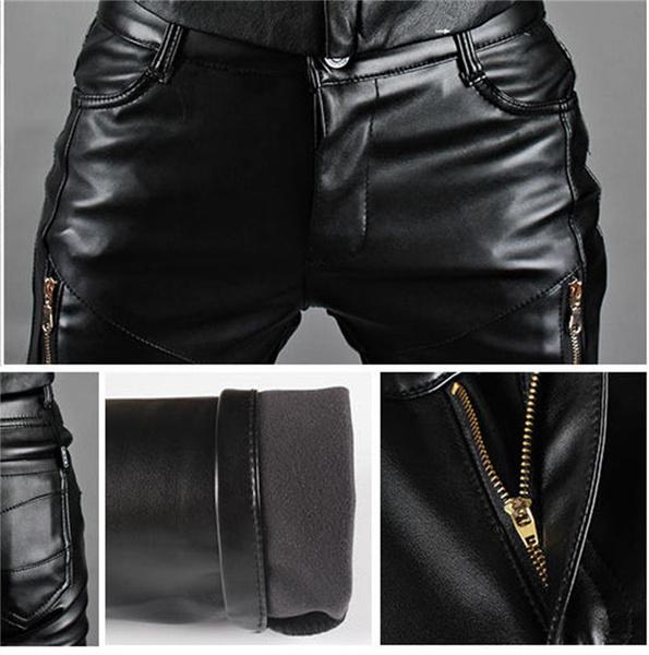 Winter Warm Heren Pluche Verdikken Slim Motorfiets Fleece Koubestendig en Waterdicht Pu Leer Broek