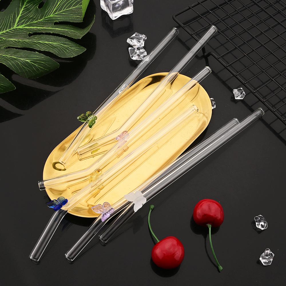 8 Stück Glasstrohhalme mit Schmetterlingsdesign und Bürste 200*8mm Wiederverwendbares Trinkhalm-Set Milchshakes Cocktail Kaffee-Strohhalme Haushalts-Bar-Zubehör