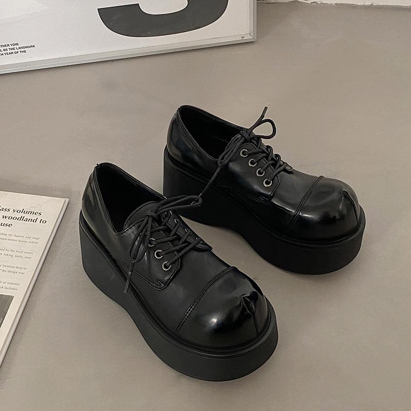 2024 Vår Høst Damesko med Kraftig Høy Hæl Enkelsko Svarte Platform Snøresko Elegante Runde Tå Mary Jane Loafers Sko