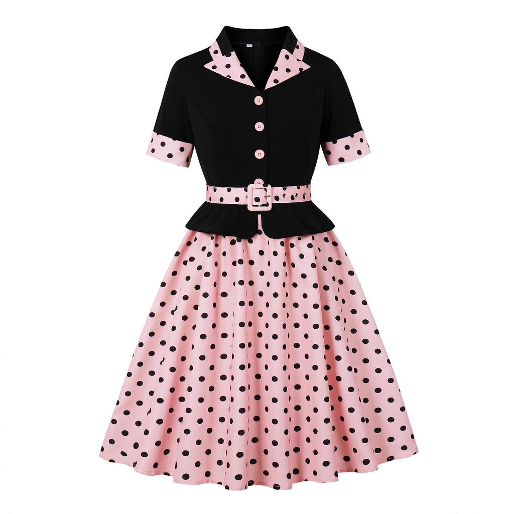 Retro Colorblock Polka Dot Short Sleeve Dress with Turn-Down Collar - Elegant Spring/Summer Style