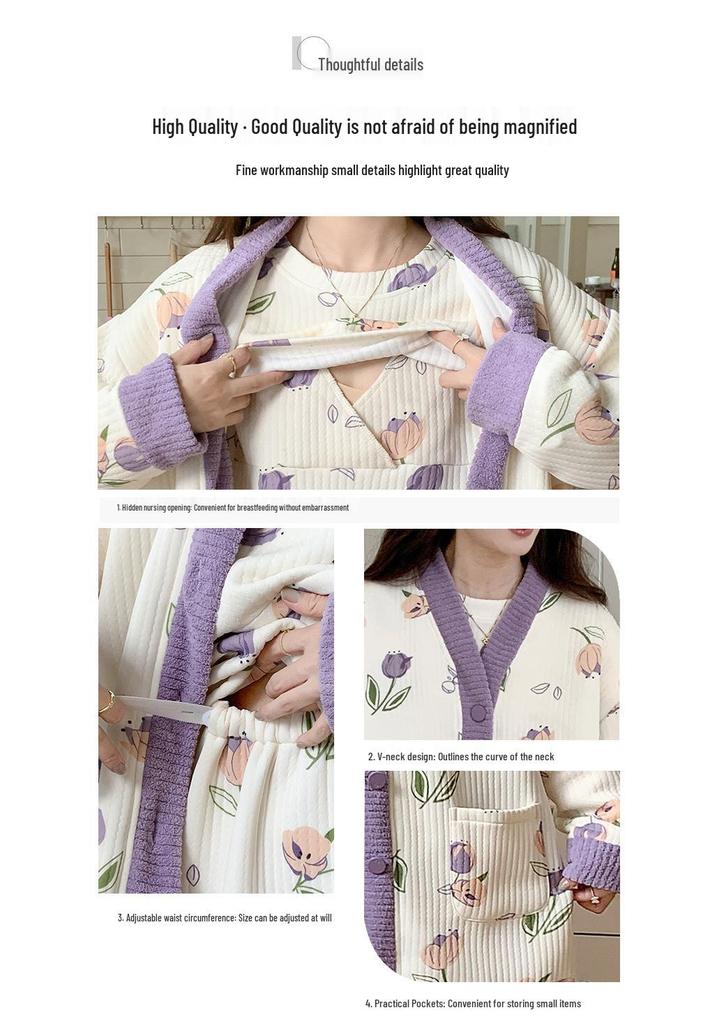 Autumn-Winter Maternity Pajama Set: Cozy Cotton Three-Piece for Postpartum Pregnant Women