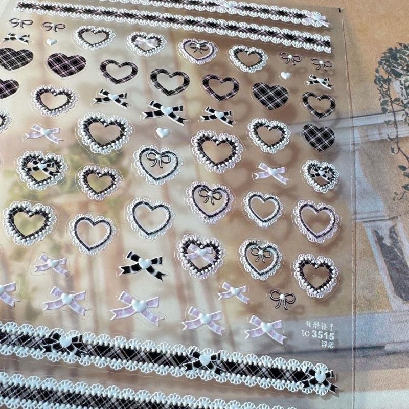 3 Pcs/set Pink Black Color Kawaii Nail Stickers Lace Bow 3D Checkered Scrapbook Journal Sweet Edgy Design Decal for Girl