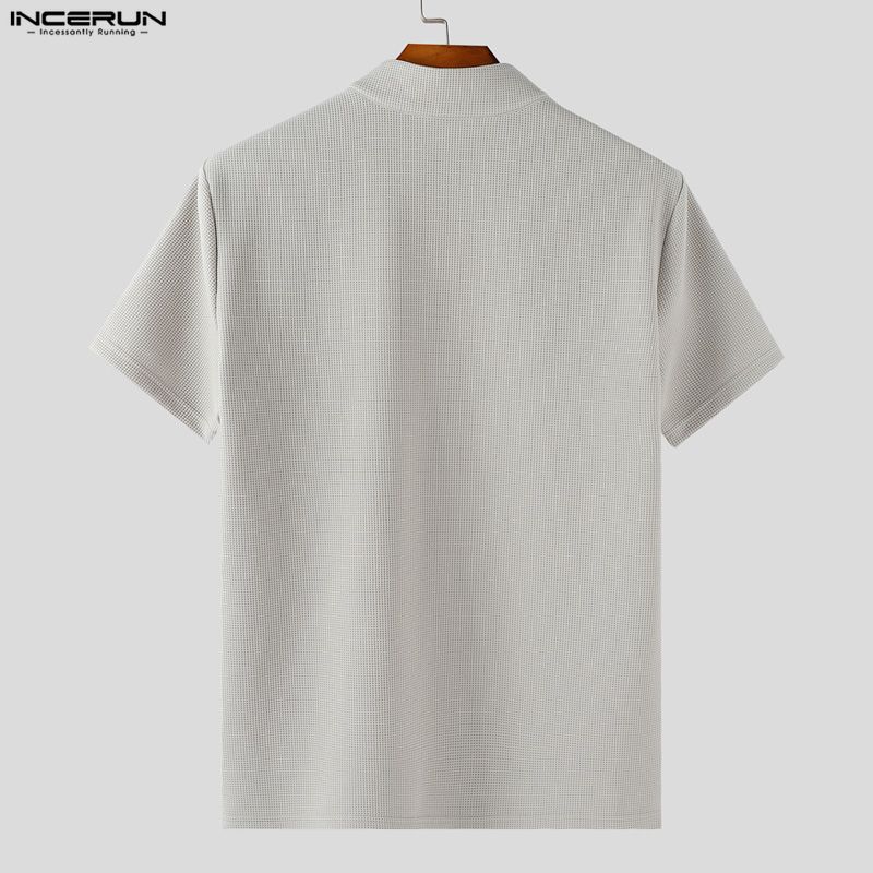 INCERUN Men Stand Neck Short Sleeve Solid Color Waffle Texture Casual Henley T-shirts Tops