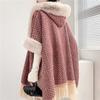 Cardigan Poncho Female Wool Collar Wool Coat Medium Long Coat Cloak Women Winter Long Sleeve Casual Velvet Hooded Cape Female