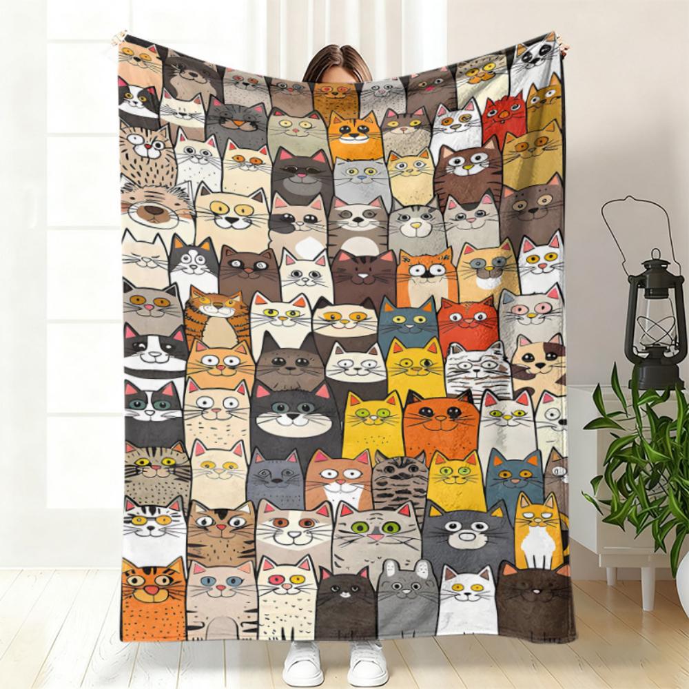 Cartoon Grid Collage Cat Portrait Throw Blanket,Bedroom Daily Relax Birthday Anniversary Pet Household Blessing Token