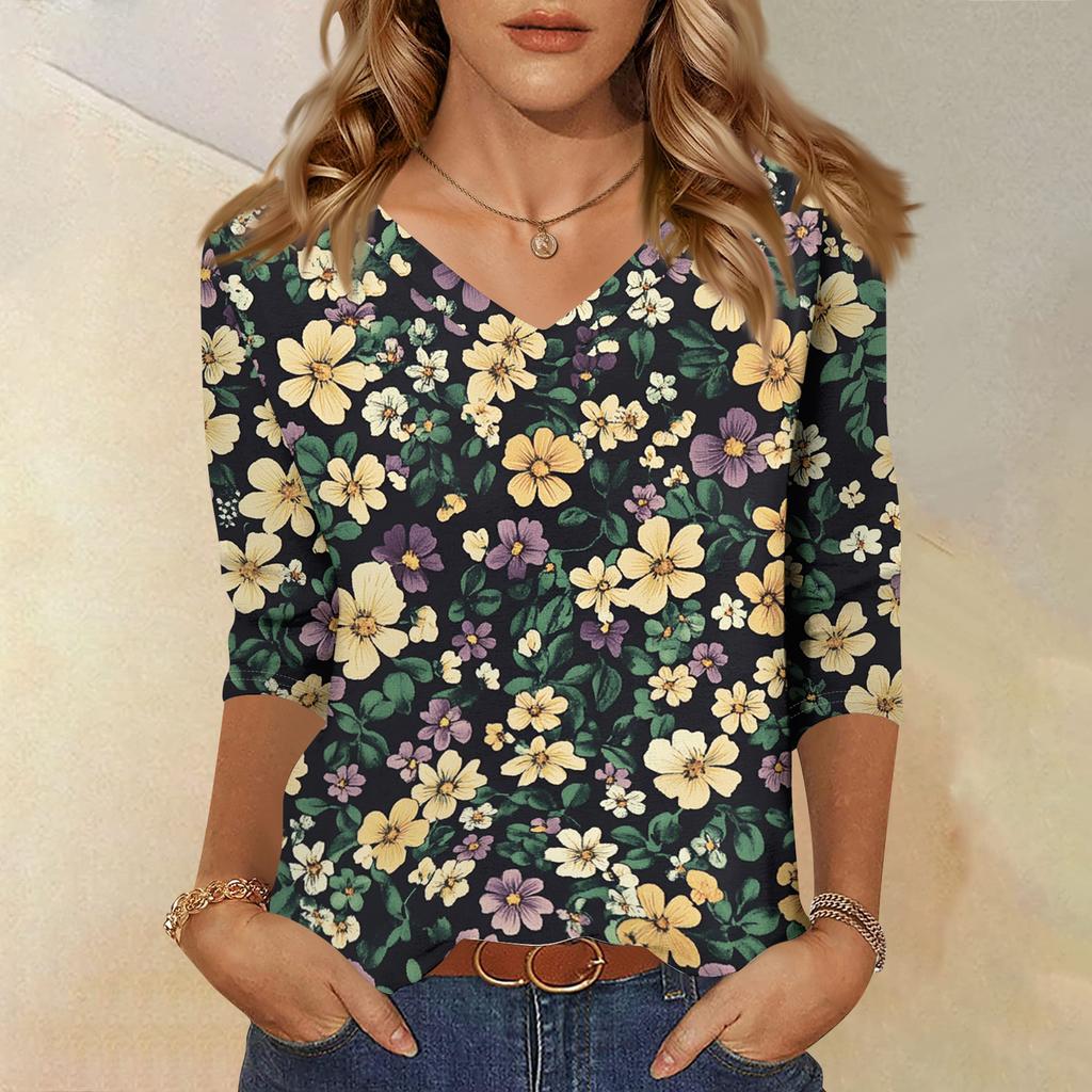 Women’s V Neck Floral Print Blouse Three Quarter Sleeve Casual Loose Fit Lightweight Top for Everyday Wear