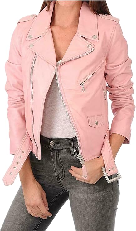 Giacca Elegante da Donna in Vera Pelle di Agnello Rosa Giacca Biker Motociclista Cappotto Cinturato