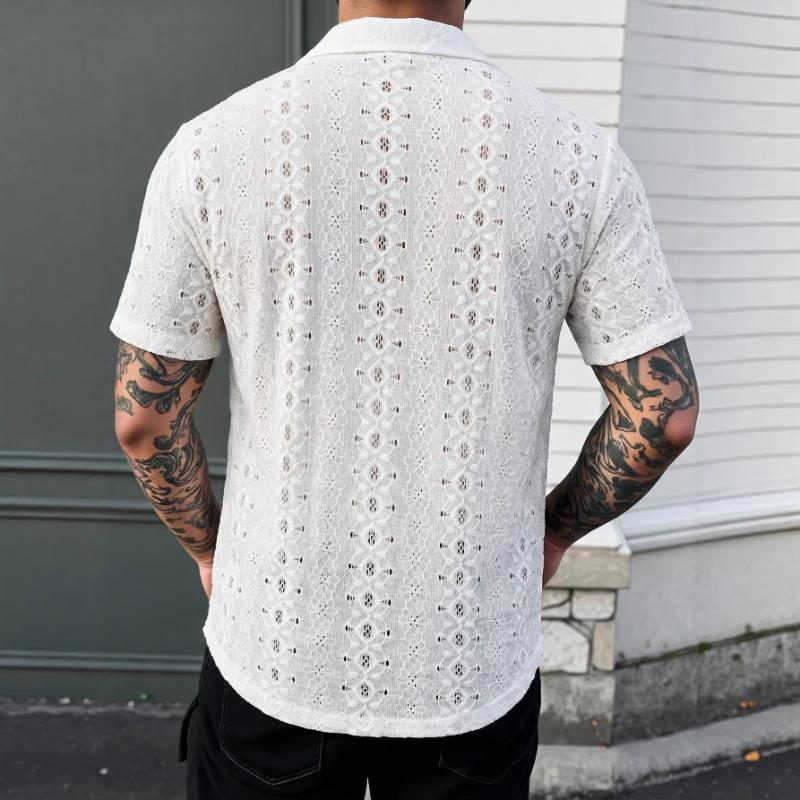 Mens Lace Crochet Short Sleeve Cuban Collar Shirt