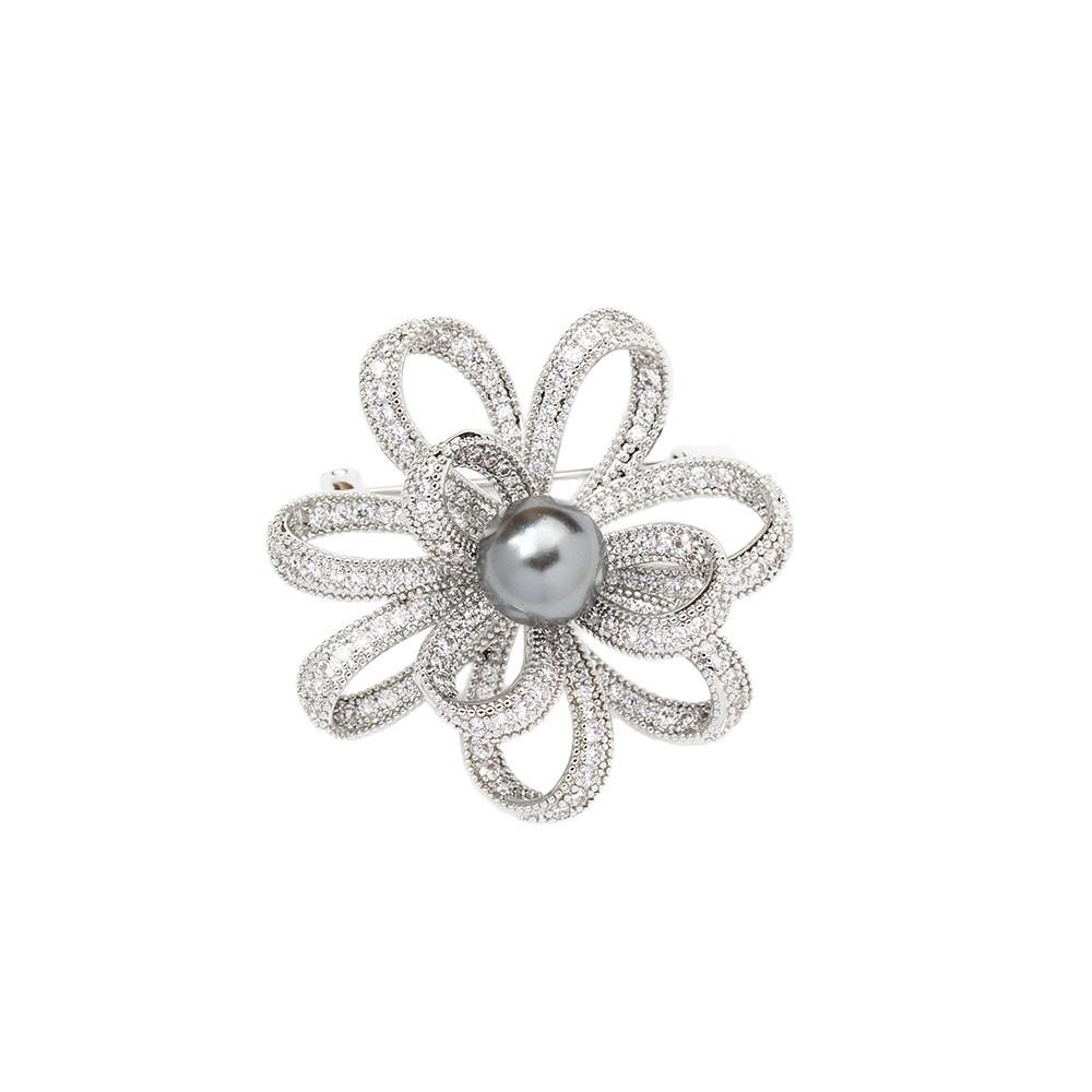 New micro-inlaid zircon knotted stone-inlaid flower brooch temperament pearl flower anti-light pin coat accessories women