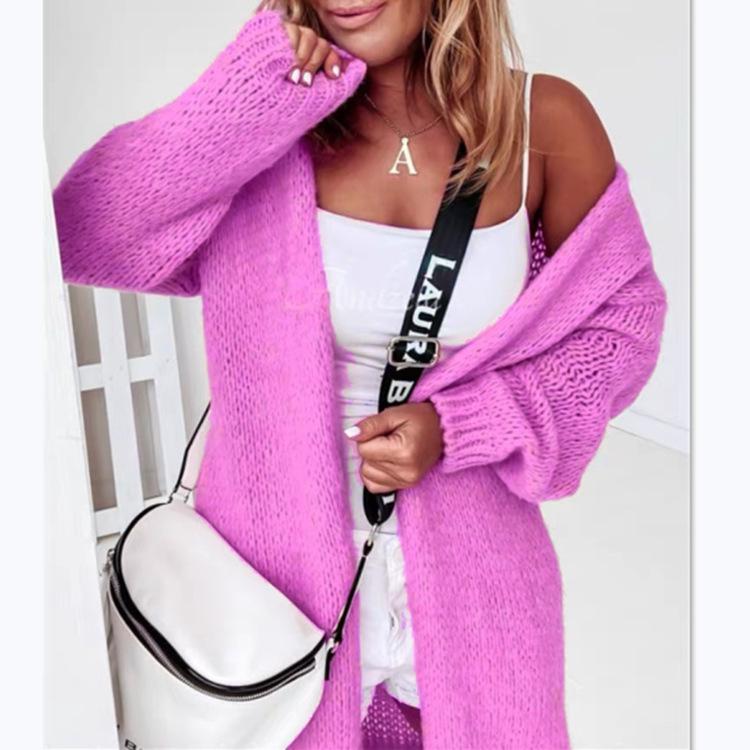 Women's Knitted Long Sleeve Mid-Length Cardigan Sweater for Autumn and Winter