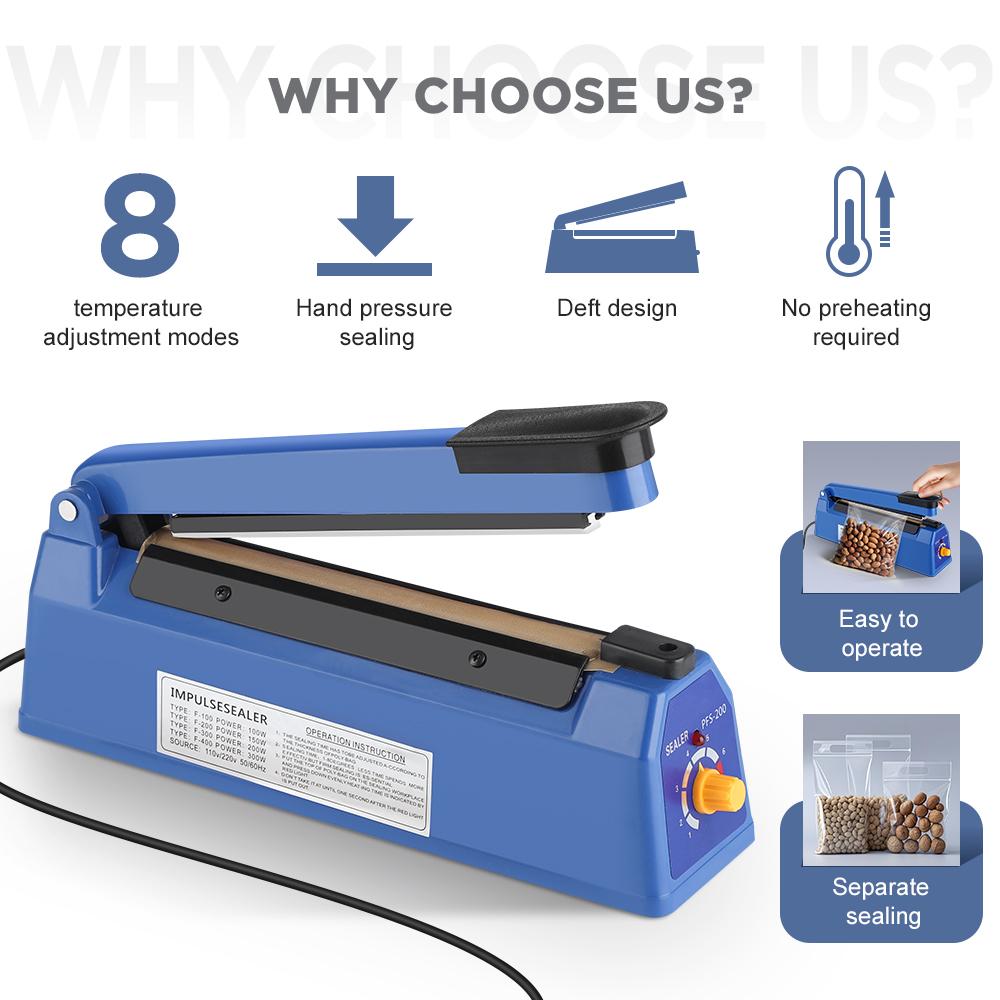 200mm Heat Sealing Machine Home Impulse Sealer Kitchen Food Vacuum Seal Kraft paper/Plastic Bag Meat/Candy/Fruit Storage 220V