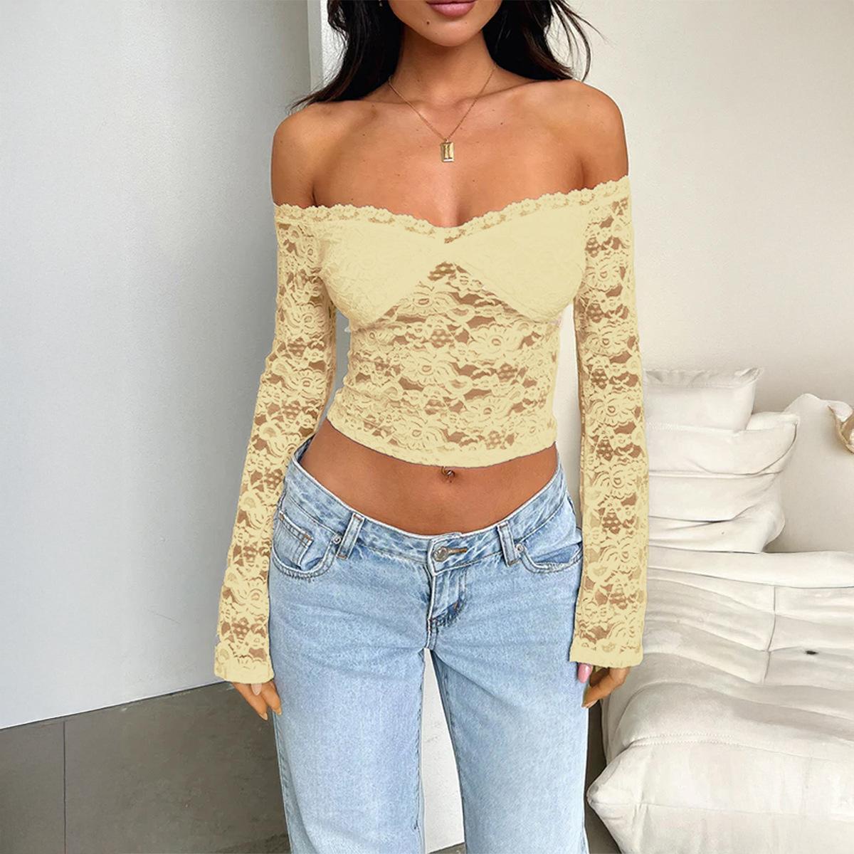 

Y2K Сексуальная футболка с длинным рукавом Кружевная Женская 2025 Осень и Зима S жёлтый