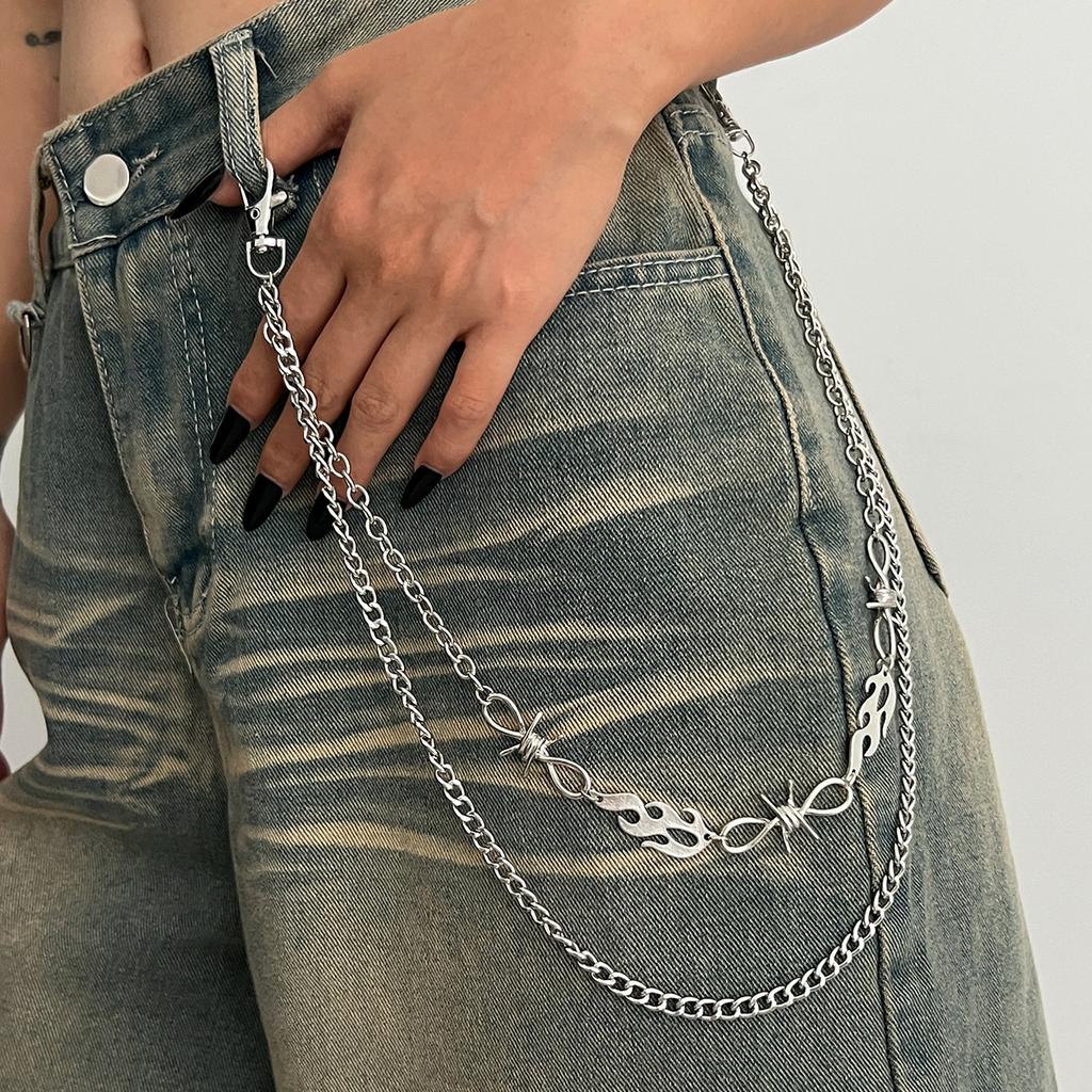 Hip-Hop Metal Cross Pendant Trouser Chain, Fashionable Imitation Pearl Beaded Chain Waist Pendant.