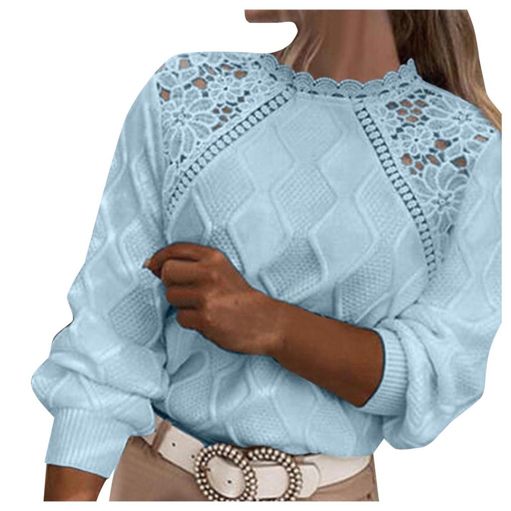 Damen Modisches Langarm-Stricktop mit Rundhalsausschnitt und hohler Spitze