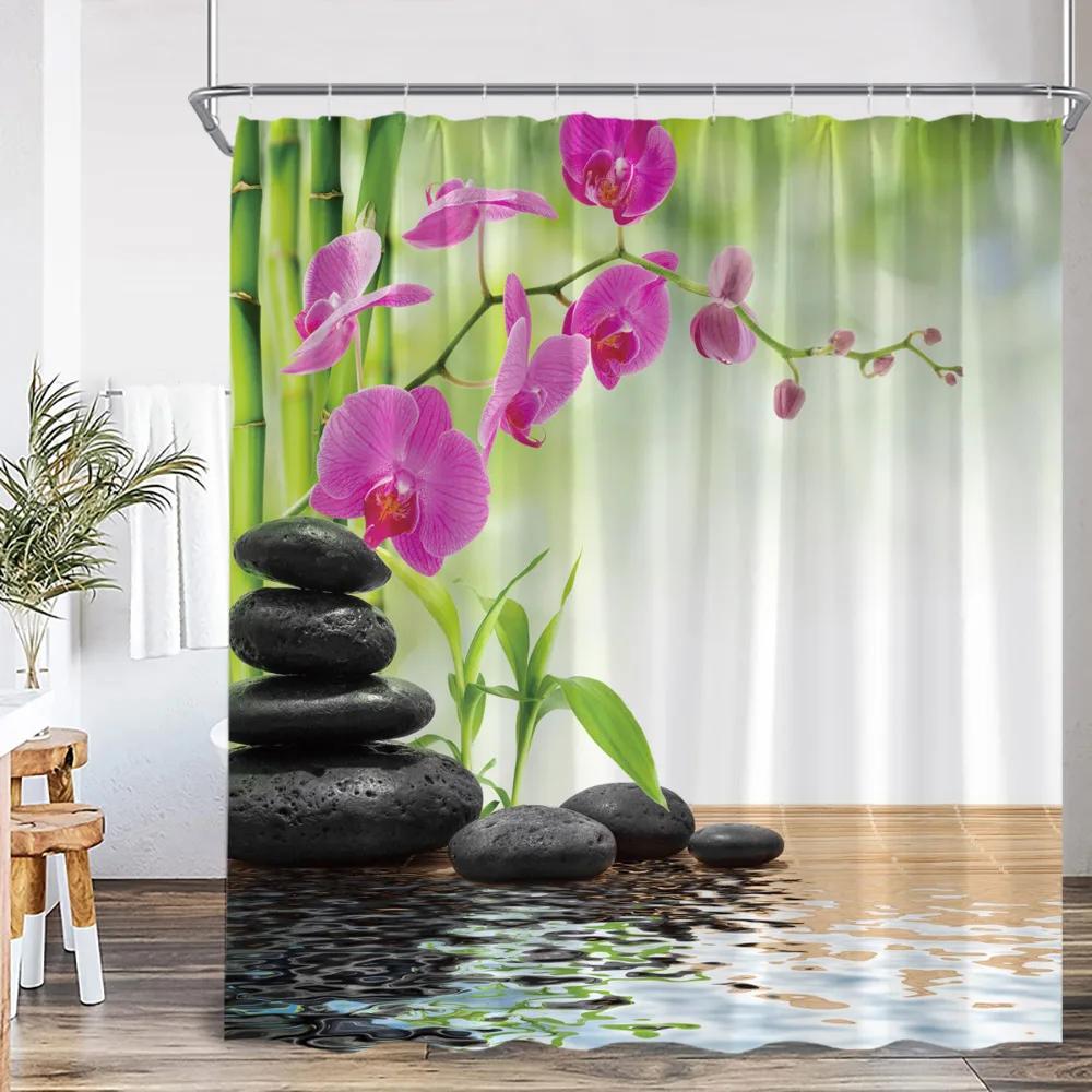 Zen Shower Curtains Black Stone Green Bamboo Lotus Spa Candle Purple Orchid Natural Leaf Bathroom Curtain Meditation Bath Decor