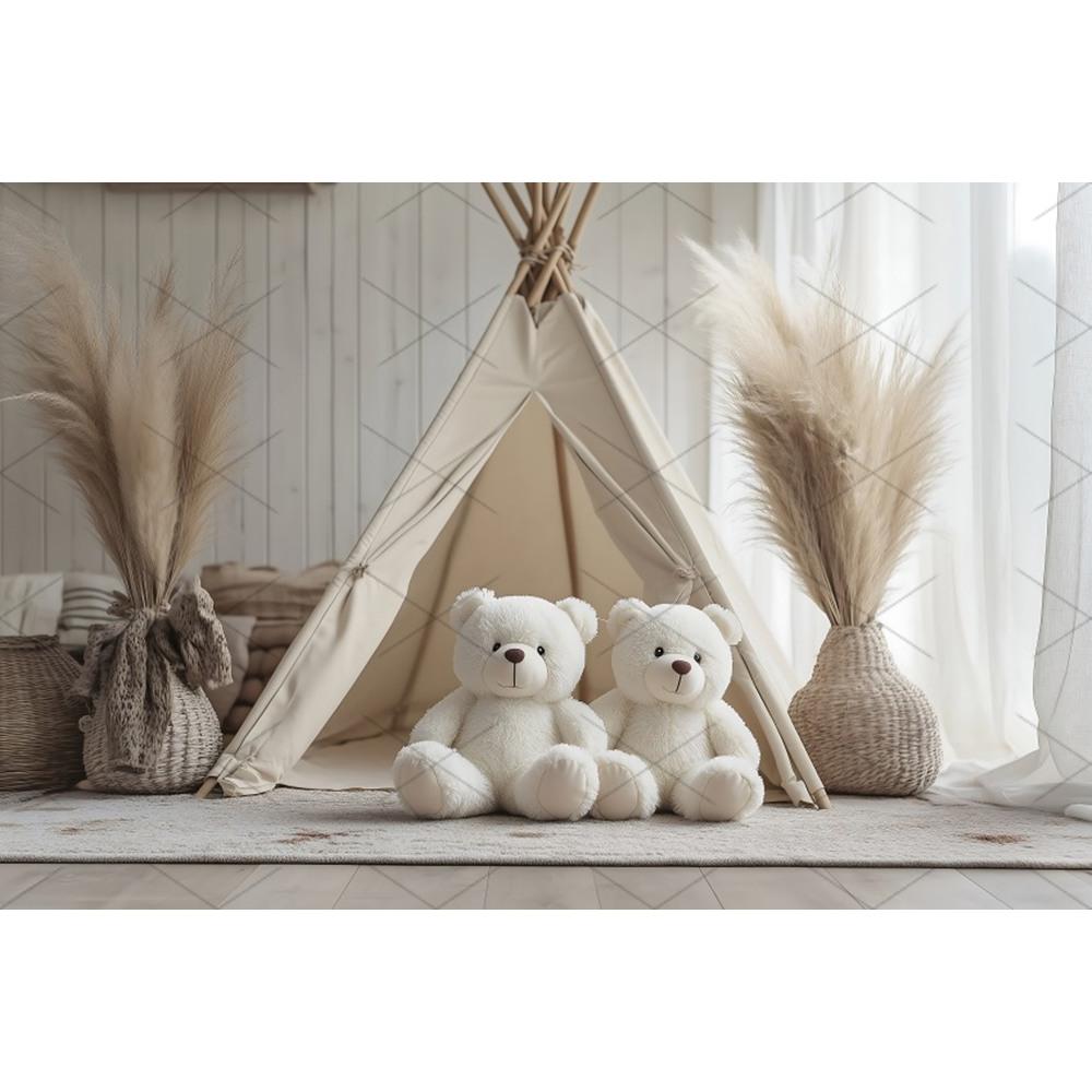 Boho Pampas Teddy Bear Photography Background Balloons Arch Tent Decor Cake Smash Baby 1st Birthday Indoor Photocall Backdrops