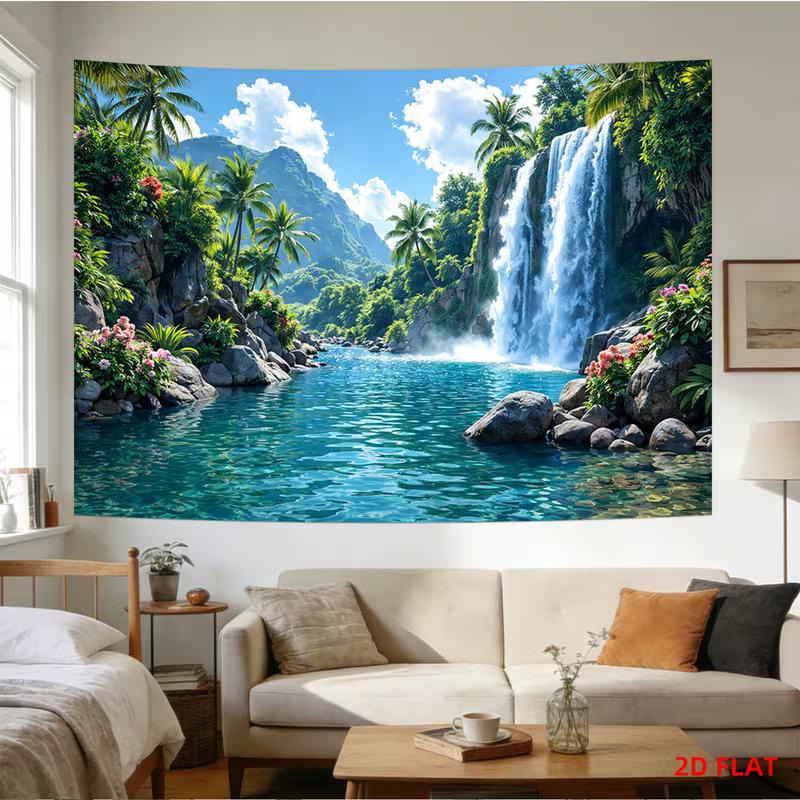 2D Summer Jungle Waterfall Banner, Tropical Lake Palm Tree Party Photo Booth Background