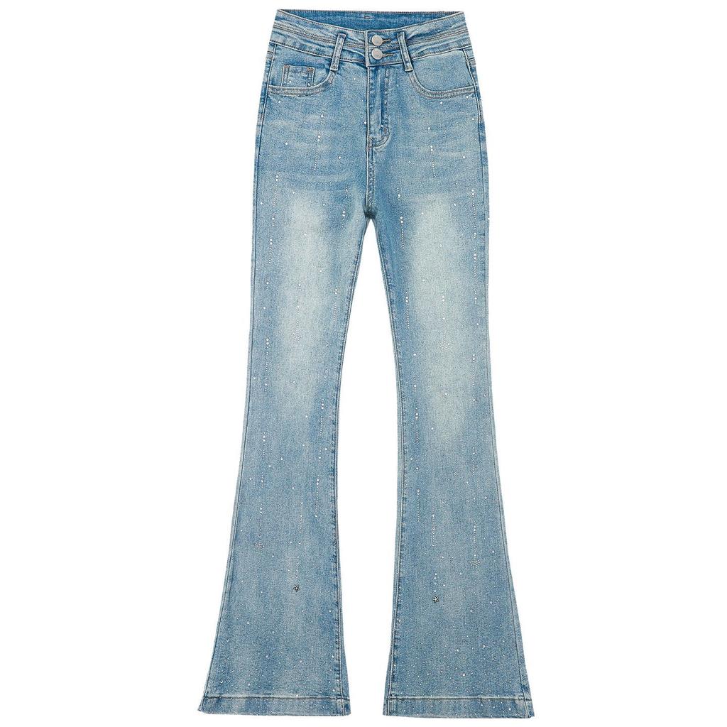 Spring Summer Light Blue Double Button High Waist Full Star Rhinestone Stretch Trendy Denim Pants Women Casual Pants Oversize Denim Trousers