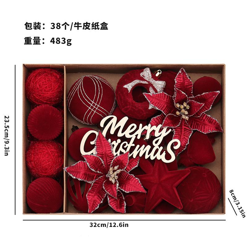 38pcs/set European Flocking Christmas Flowers - INS Style Decoration Set with Balls & Tree Pendants Home Xmas Tree Decorations