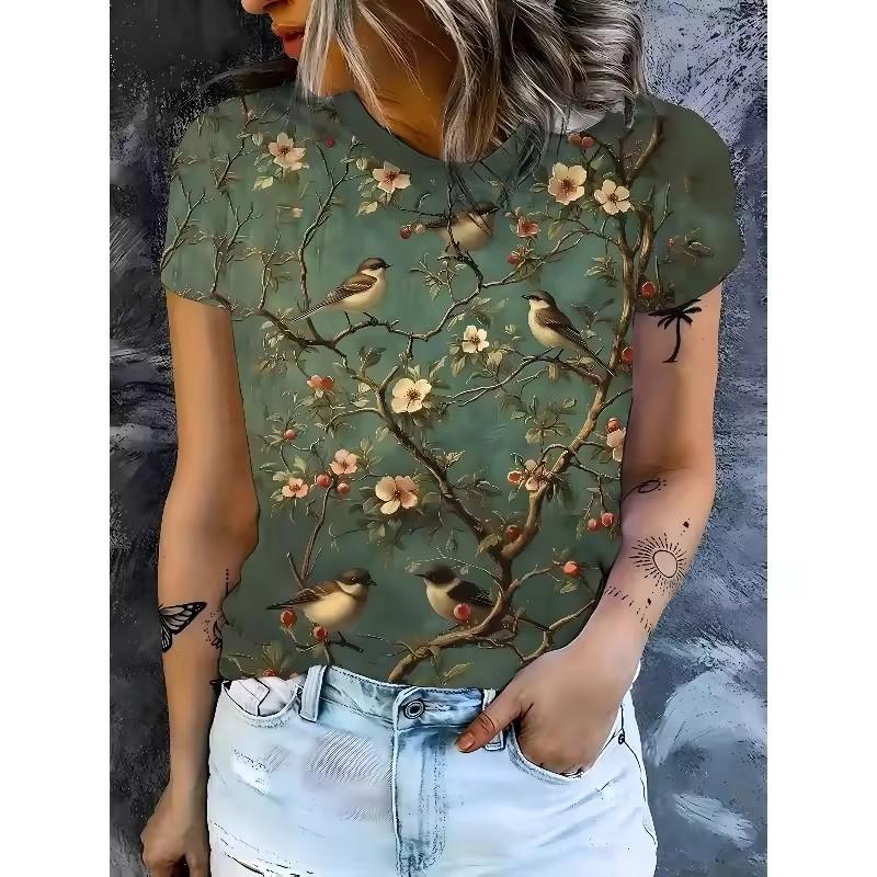 Summer Round Neck Women's T-shirt Fashion Splash Ink Flower 3D Printed Top Comfortable Loose Short Sleeve T-shirt