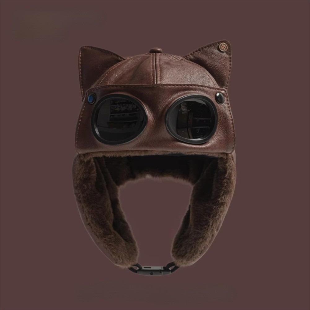 

Fashion Retro Bomber Hat Plus Fluff Velvet Lining Pilot Hat Windproof PU Leather Riding Hat Unisex красный