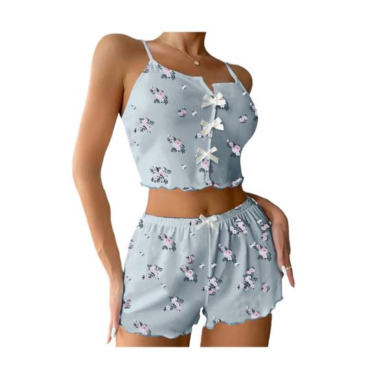 Damen-Pyjama-Set Gerippt Floral Rüschen 2-teilig Nachtwäsche Crop Cami Top und Shorts Weiche Pyjamas Loungewear Set