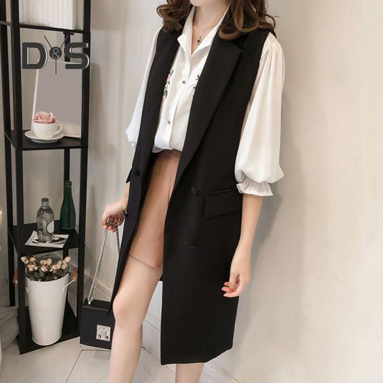 Høst Vår Dame Vest Nedrekket Krage Dobbeltspent Løs Ermeløse Knelengde Lommer Cardigan Ensfarget Daglig slitasje Vest Frakk