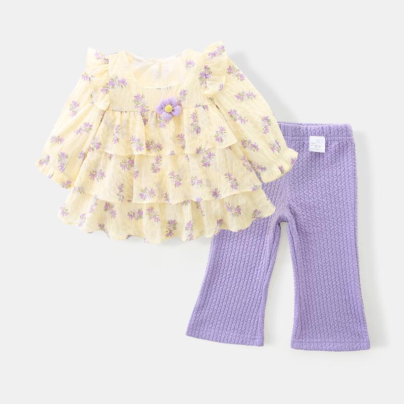 

Комплект для девочек с цветочным принтом, с длинным рукавом и расклешенными брюками - Коллекция Малыш Осень 2025 Tag 80 фиолетовый