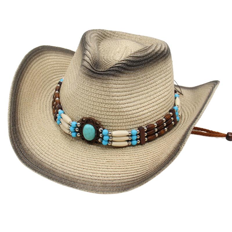Gem Western Cowboy Straw Hat Seaside Sunscreen Sun Hat Ethnic Breathable Hand Woven Beach Hat