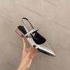 Fashion 2025 New Women Baotou Patent Leather One Line Buckle Strap Cat Heel Sandals Female Sexy Black Silk Pointed Thin Heel Flat Shoes