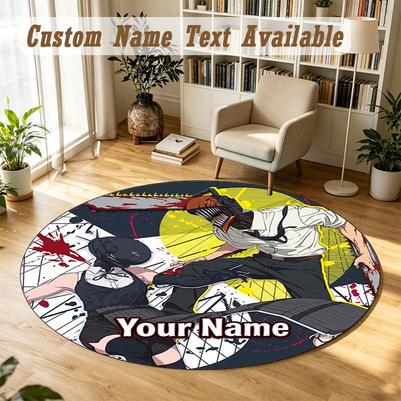 Round Rug Custom NameChainsaw Man Pattern Non Slip Carpet Home Floor Decor