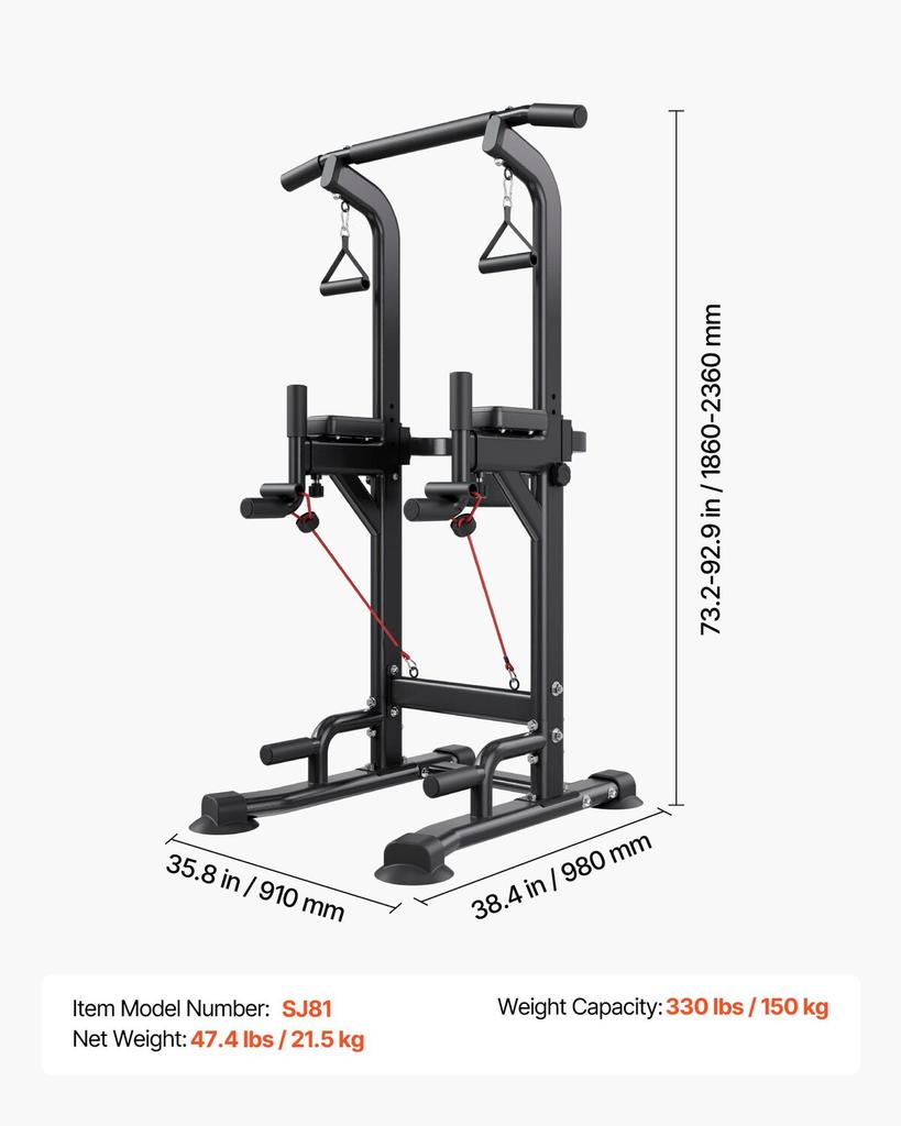 Pull Up Bar, 150kg Power Tower Dip Station, Workout Dip Station with H-Shaped Stable Base & Back Pad, Adjustable 12 Level Height Free Standing Chin Up