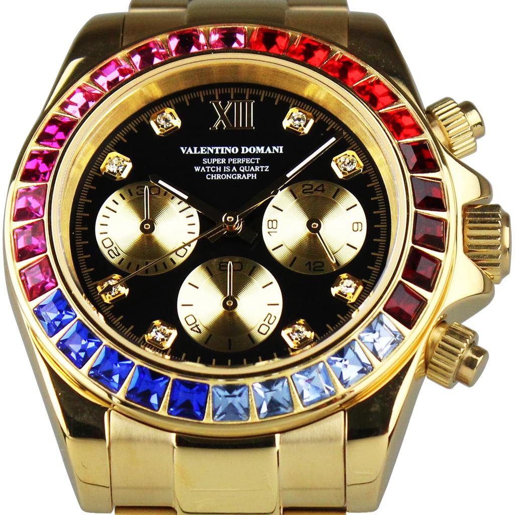 VALENTINO DOMANI Watch Chronograph Zirconia Gold GOLD Gold Black Face Bezel Zirconia VD006MUB Men's
