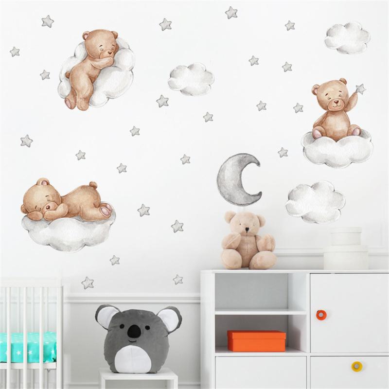 Cartoon Bear Wall Stickers Moon Clouds Stars Removable Wallpaper For Kids Room Home Wall Decoration
