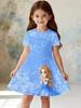 Toddler Girls Fantasy Cartoon Pattern Gown Summer Lightweight Short Sleeve Round Neck Dress Outdoor Holiday Birthday Elegant
