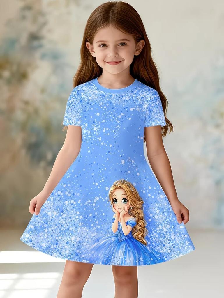 Toddler Girls Fantasy Cartoon Pattern Gown Summer Lightweight Short Sleeve Round Neck Dress Outdoor Holiday Birthday Elegant