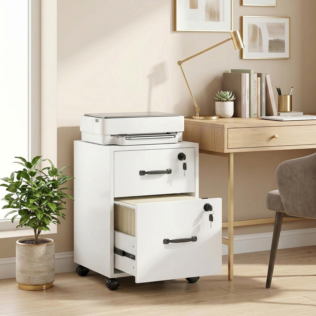 Mobile Office Pedestal, 2 Drawers, Casters, Hanging Letter-Size Documents, White
