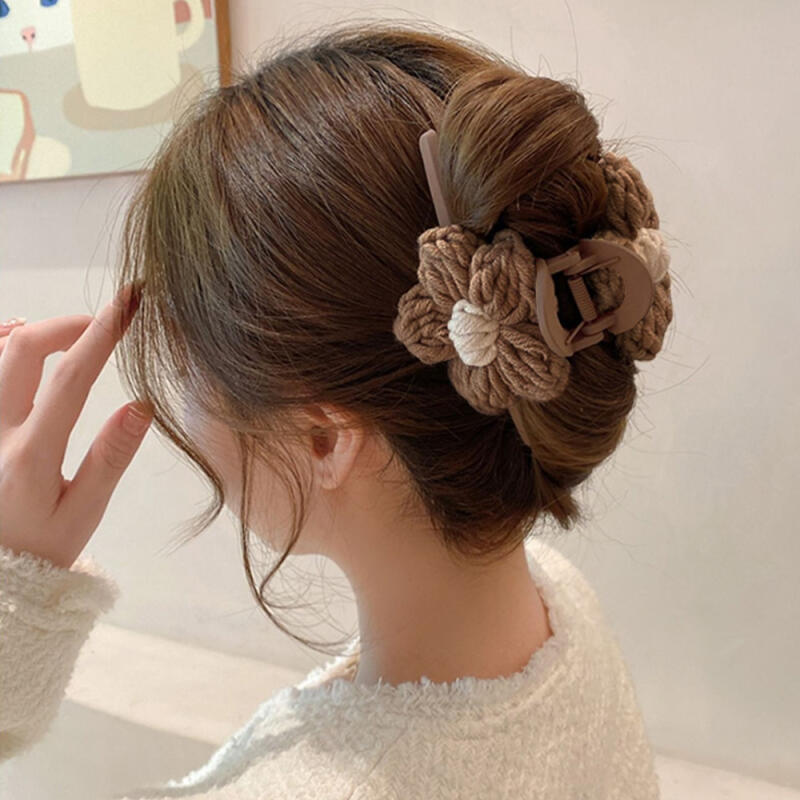 Warm knit flower twist updo with half-up hair clip brown