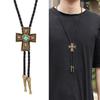 Men's Rodeos Bolo Tie with Turquoises Crosses Pendant Faux Leather Cord Necktie Adjustable Chain Shirt Collar Necklace