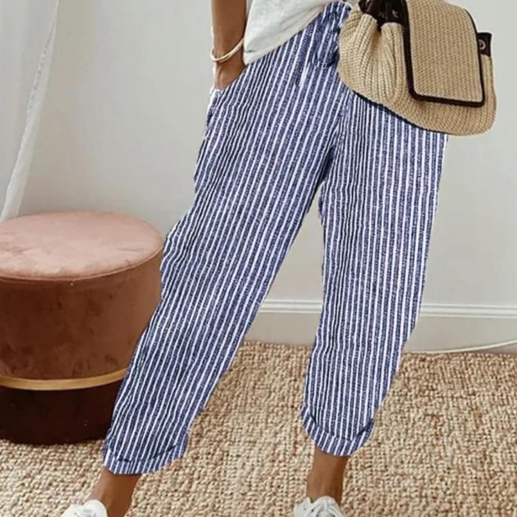 Pantaloni Casual a Righe da Donna Estivi, Pantaloni Larghi con Vita Elastica per il Commercio Estero